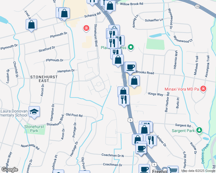map of restaurants, bars, coffee shops, grocery stores, and more near 28 Manchester Court in Freehold Township