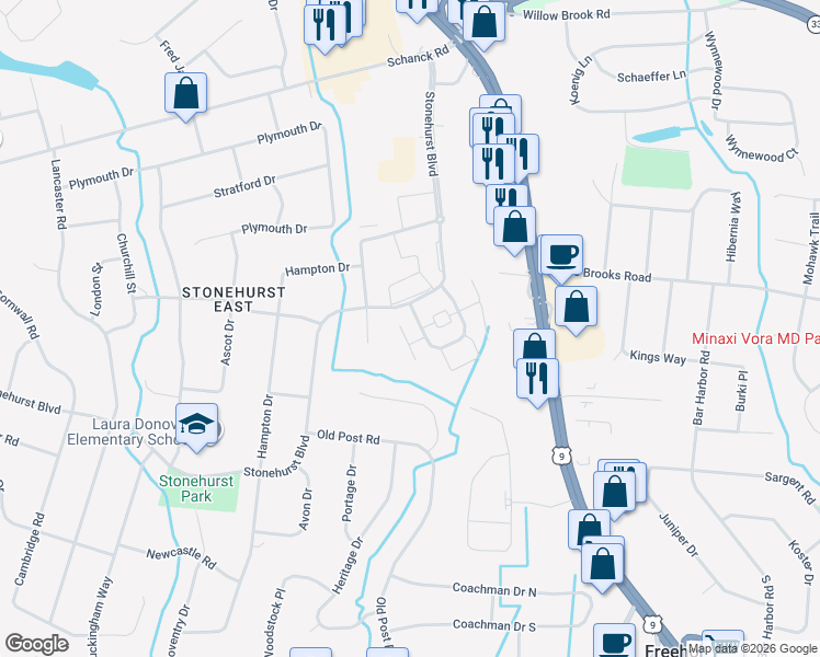 map of restaurants, bars, coffee shops, grocery stores, and more near 110 Stonehurst Boulevard in Freehold