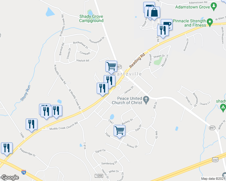 map of restaurants, bars, coffee shops, grocery stores, and more near 6 Muddy Creek Church Road in Denver