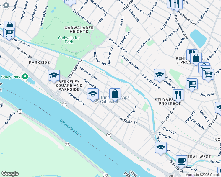 map of restaurants, bars, coffee shops, grocery stores, and more near 731 Edgewood Avenue in Trenton