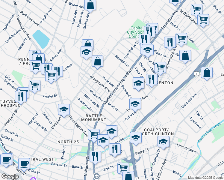 map of restaurants, bars, coffee shops, grocery stores, and more near 687 Martin Luther King Junior Boulevard in Trenton