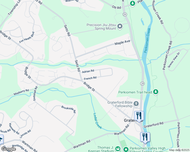 map of restaurants, bars, coffee shops, grocery stores, and more near 76 French Road in Collegeville