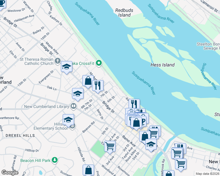 map of restaurants, bars, coffee shops, grocery stores, and more near 112 8th Street in New Cumberland