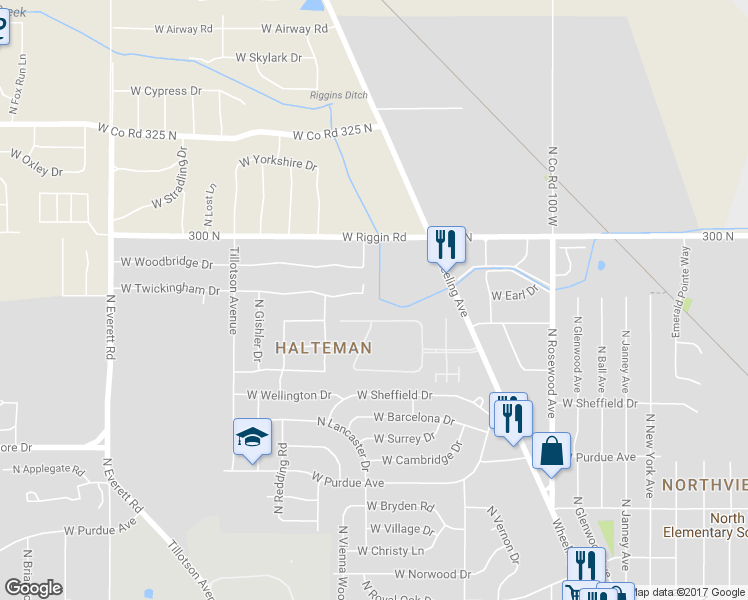 map of restaurants, bars, coffee shops, grocery stores, and more near 4700 North Sussex Road in Muncie