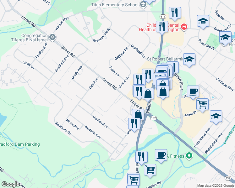 map of restaurants, bars, coffee shops, grocery stores, and more near 2210 Street Road in Warrington