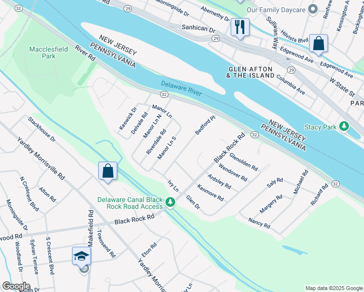 map of restaurants, bars, coffee shops, grocery stores, and more near 56 Bedford Place in Yardley