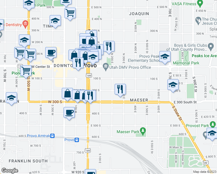 map of restaurants, bars, coffee shops, grocery stores, and more near 172 South 200 East in Provo