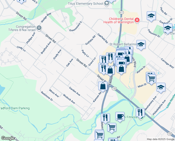map of restaurants, bars, coffee shops, grocery stores, and more near 2210 Street Road in Warrington