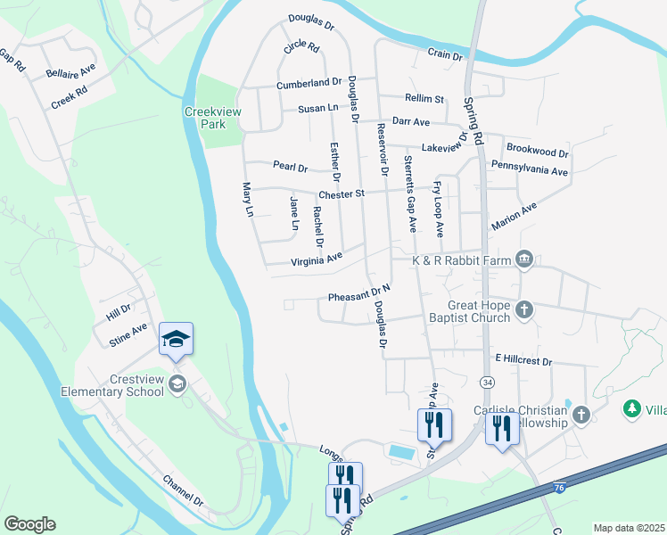 map of restaurants, bars, coffee shops, grocery stores, and more near 132 Virginia Ave in Carlisle