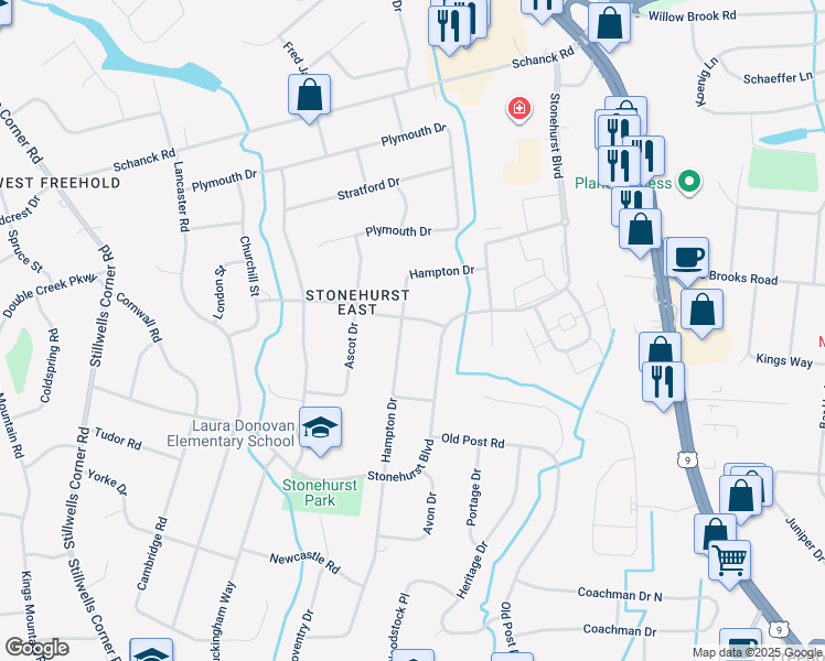 map of restaurants, bars, coffee shops, grocery stores, and more near 4 Winchester Drive in Freehold