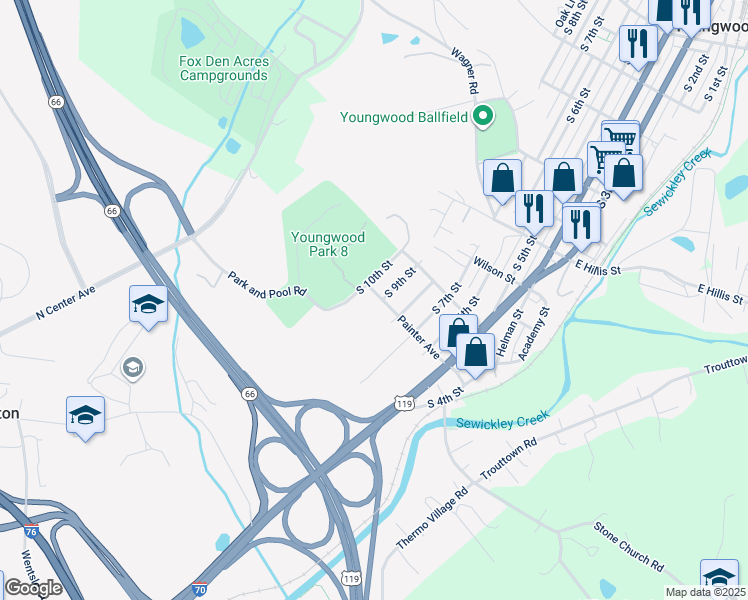 map of restaurants, bars, coffee shops, grocery stores, and more near 901 Painter Street in Youngwood