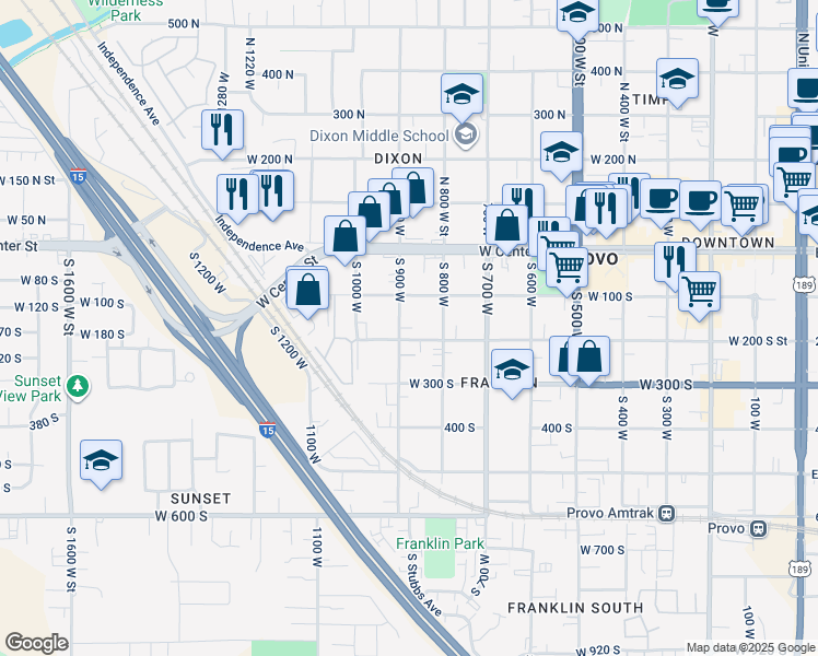 map of restaurants, bars, coffee shops, grocery stores, and more near 850 West 200 South in Provo