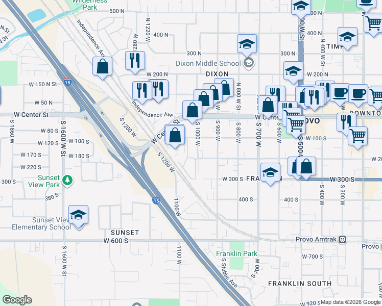 map of restaurants, bars, coffee shops, grocery stores, and more near 177 South 1050 West in Provo