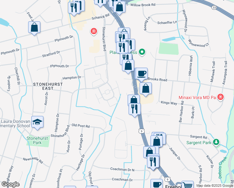 map of restaurants, bars, coffee shops, grocery stores, and more near 24 Manchester Court in Freehold