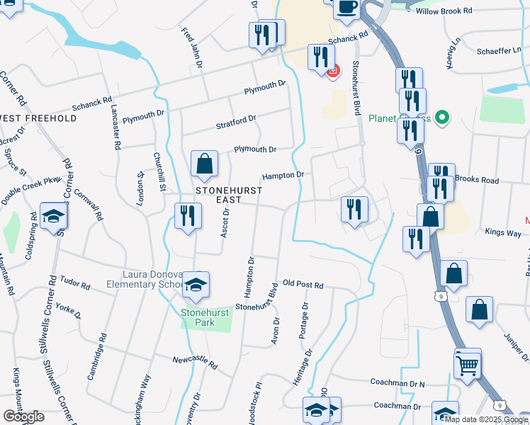 map of restaurants, bars, coffee shops, grocery stores, and more near 4 Winchester Drive in Freehold