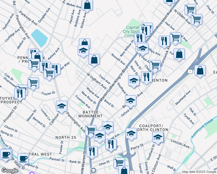 map of restaurants, bars, coffee shops, grocery stores, and more near 683 Martin Luther King Junior Boulevard in Trenton