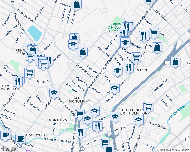 map of restaurants, bars, coffee shops, grocery stores, and more near 687 Martin Luther King Junior Boulevard in Trenton