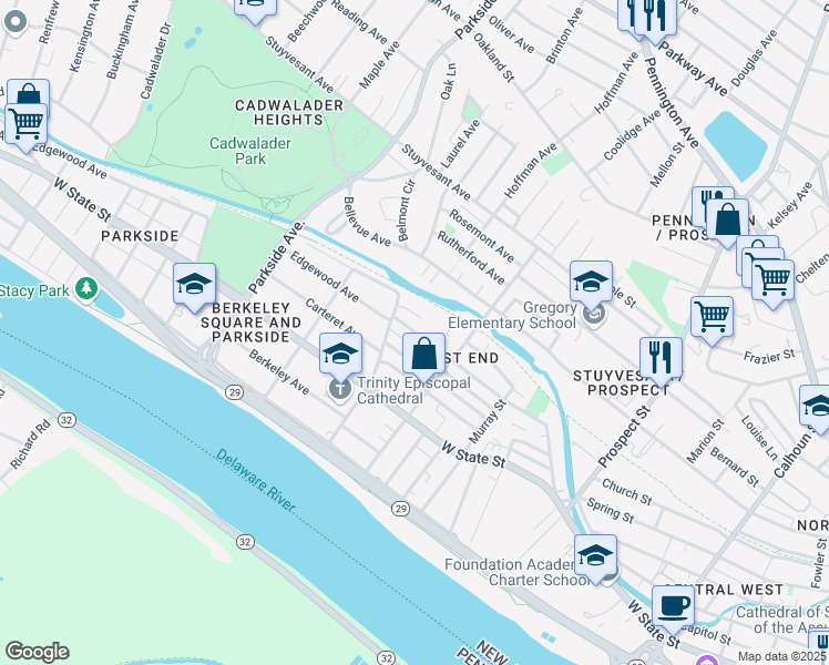 map of restaurants, bars, coffee shops, grocery stores, and more near 730 Edgewood Avenue in Trenton