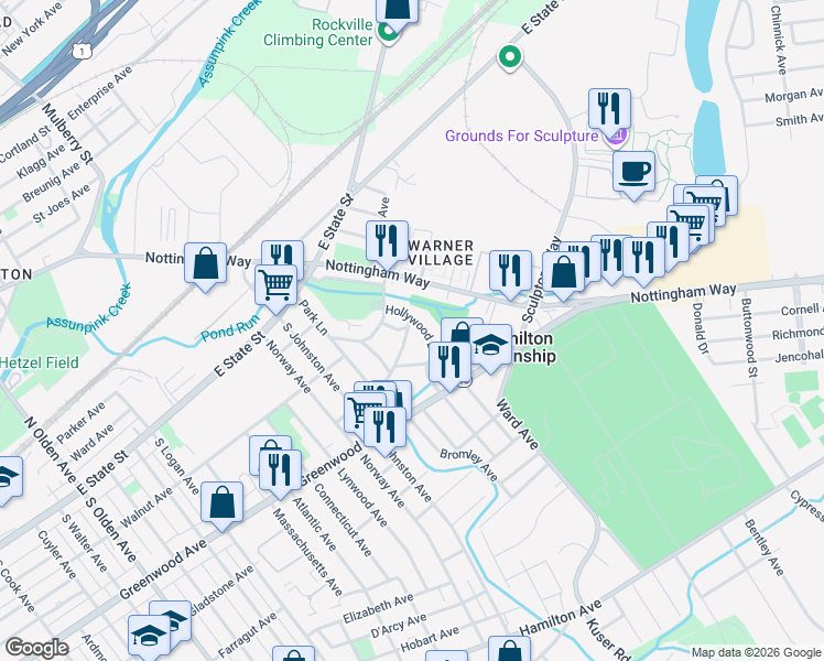 map of restaurants, bars, coffee shops, grocery stores, and more near 127 Parker Place in Hamilton Township