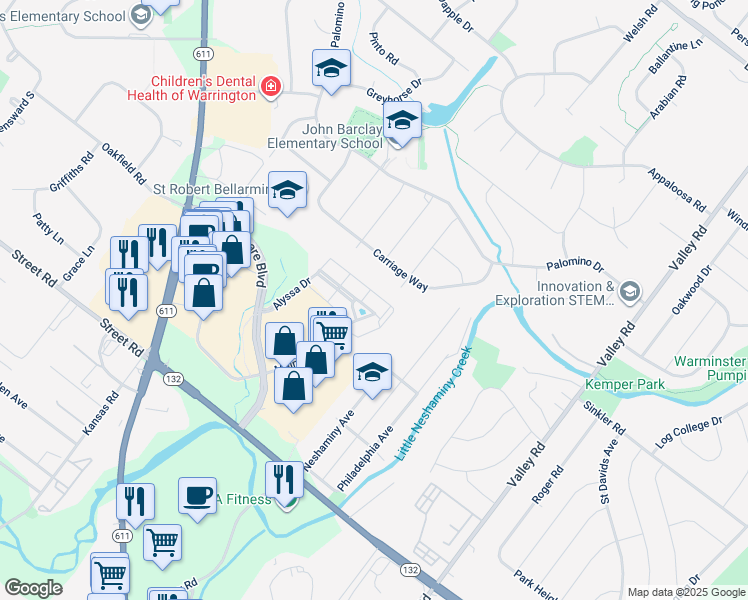 map of restaurants, bars, coffee shops, grocery stores, and more near 4329 Meridian Boulevard in Warrington