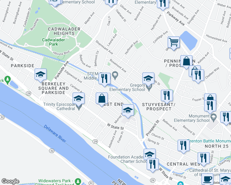 map of restaurants, bars, coffee shops, grocery stores, and more near 236 North Hermitage Avenue in Trenton