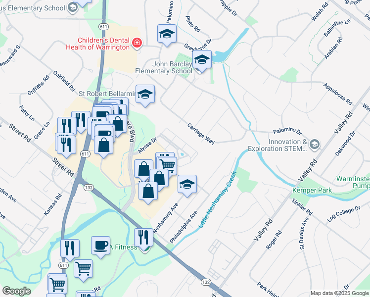 map of restaurants, bars, coffee shops, grocery stores, and more near 4329 Meridian Boulevard in Warrington