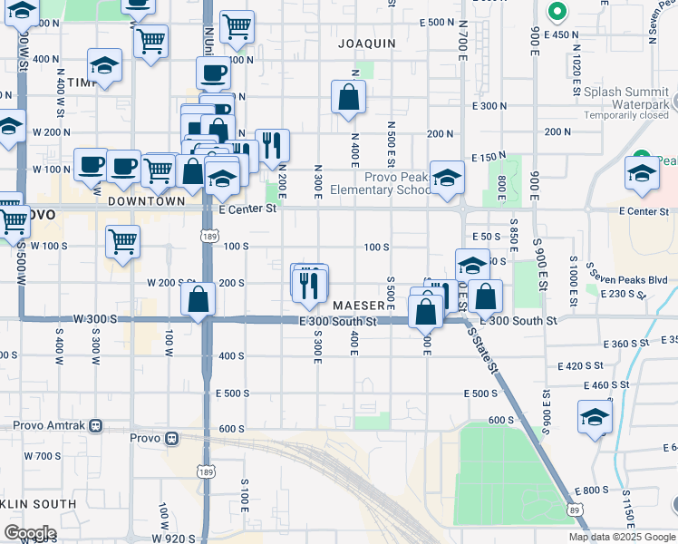 map of restaurants, bars, coffee shops, grocery stores, and more near 373 200 South in Provo