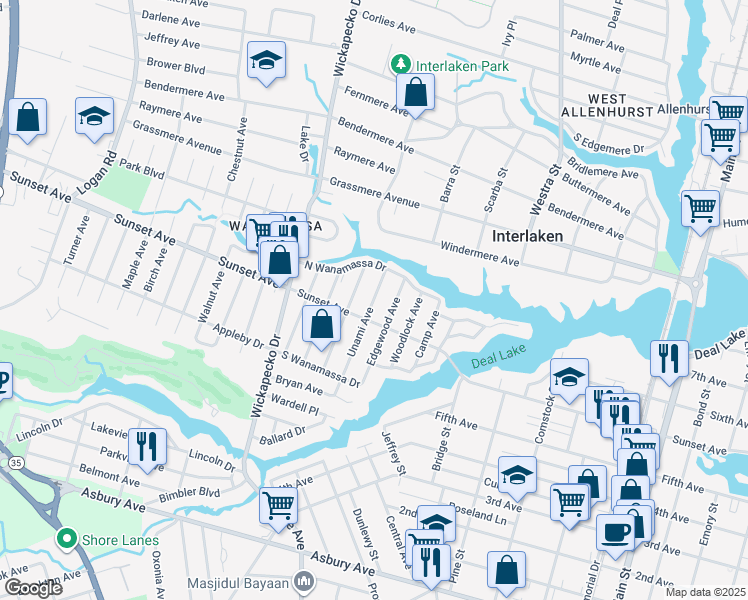 map of restaurants, bars, coffee shops, grocery stores, and more near 1407 Unami Avenue in Wanamassa