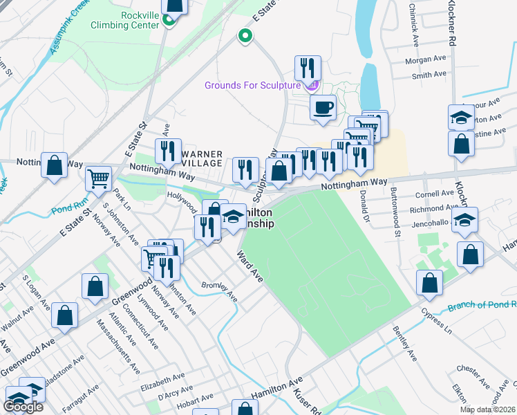 map of restaurants, bars, coffee shops, grocery stores, and more near in Hamilton Township