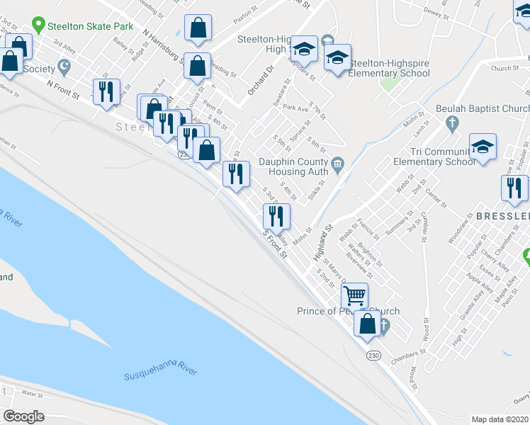 map of restaurants, bars, coffee shops, grocery stores, and more near 332 South 2nd Street in Steelton