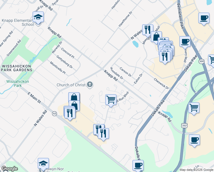 map of restaurants, bars, coffee shops, grocery stores, and more near 6203 Rolling Hill Drive in North Wales