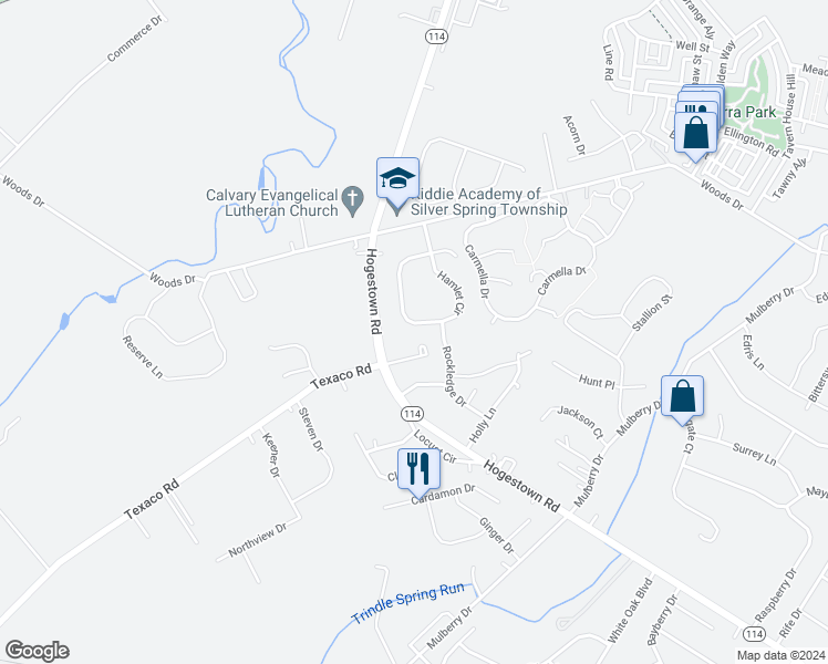 map of restaurants, bars, coffee shops, grocery stores, and more near 41 Hamlet Circle in Mechanicsburg