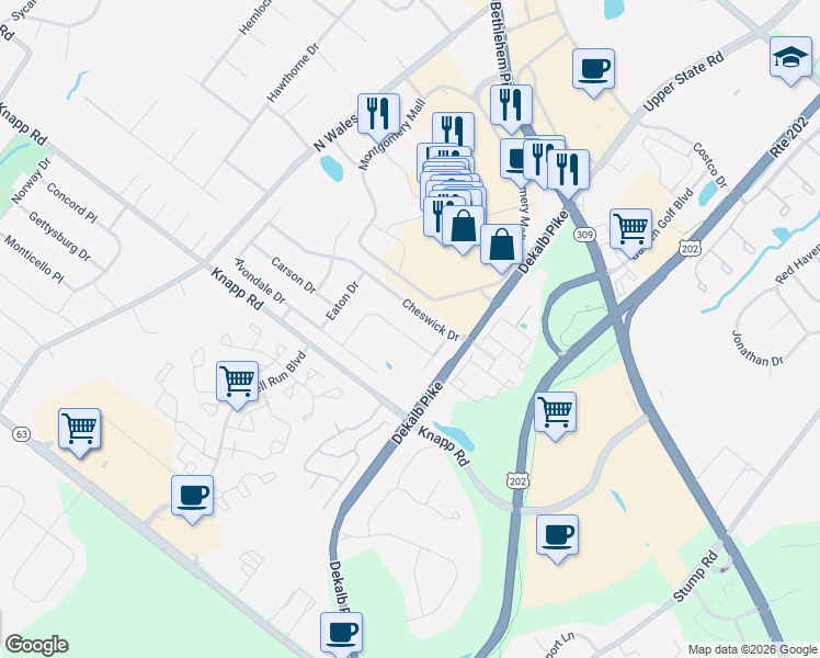 map of restaurants, bars, coffee shops, grocery stores, and more near 121 Sterling Drive in North Wales