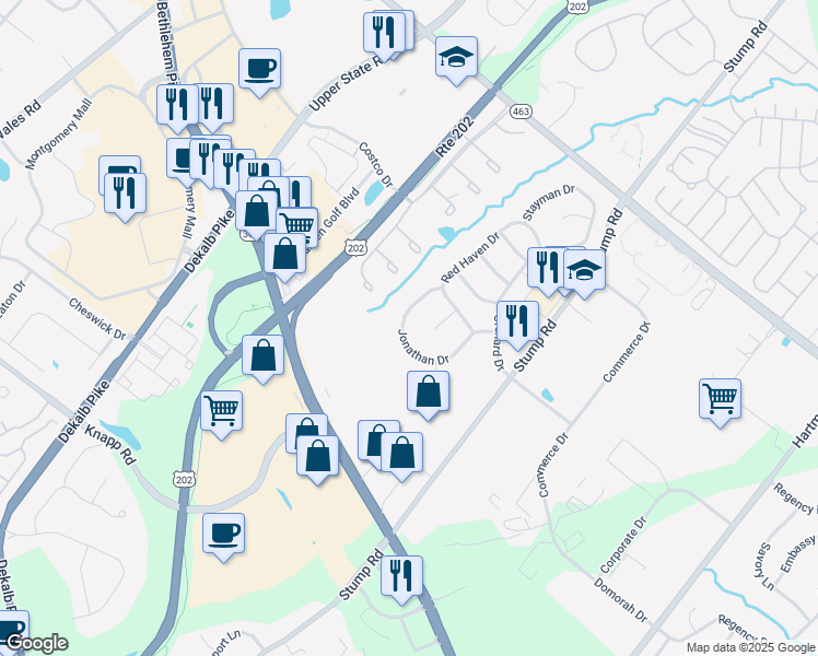 map of restaurants, bars, coffee shops, grocery stores, and more near 168 Jonathan Drive in North Wales