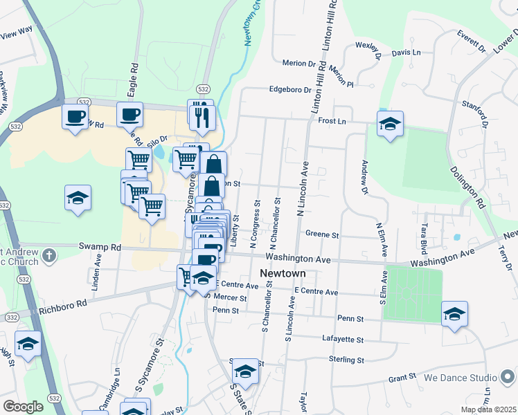 map of restaurants, bars, coffee shops, grocery stores, and more near 153 North Congress Street in Newtown