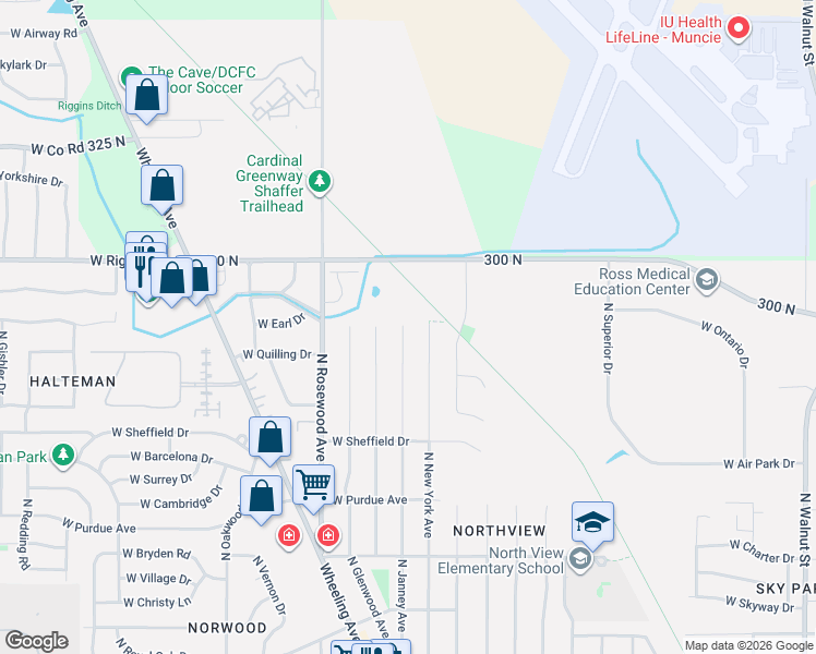 map of restaurants, bars, coffee shops, grocery stores, and more near 4614 North Janney Avenue in Muncie
