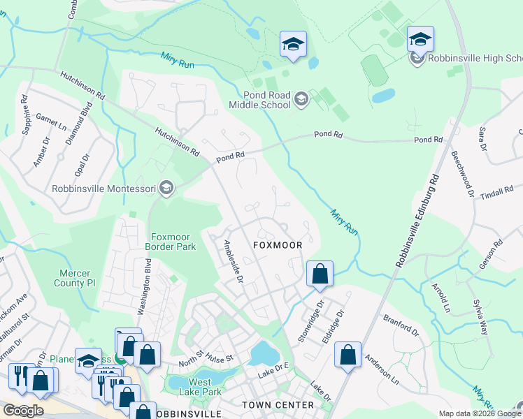 map of restaurants, bars, coffee shops, grocery stores, and more near 36 Stanwyck Court in Robbinsville Township