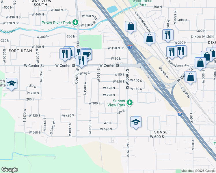 map of restaurants, bars, coffee shops, grocery stores, and more near 1768 West 170 South in Provo