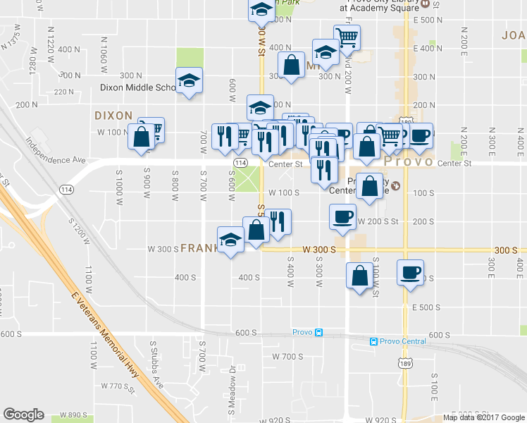 map of restaurants, bars, coffee shops, grocery stores, and more near 167 500 West in Provo