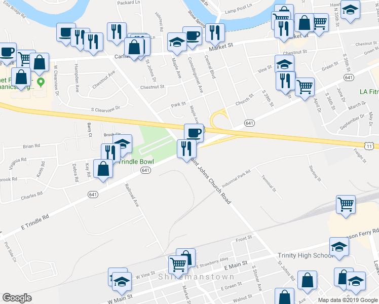 map of restaurants, bars, coffee shops, grocery stores, and more near 4300 East Trindle Road in Camp Hill