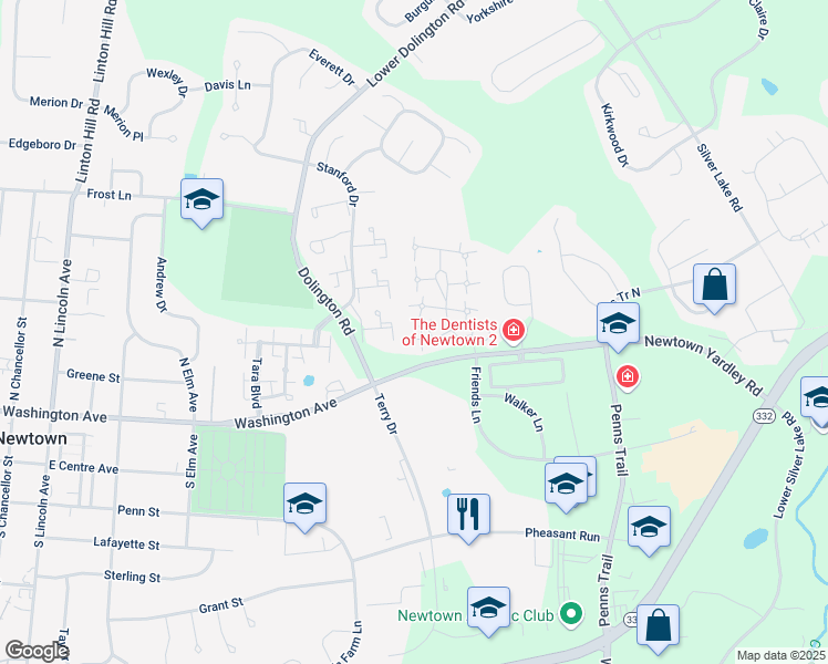 map of restaurants, bars, coffee shops, grocery stores, and more near 26 Independence Place in Newtown