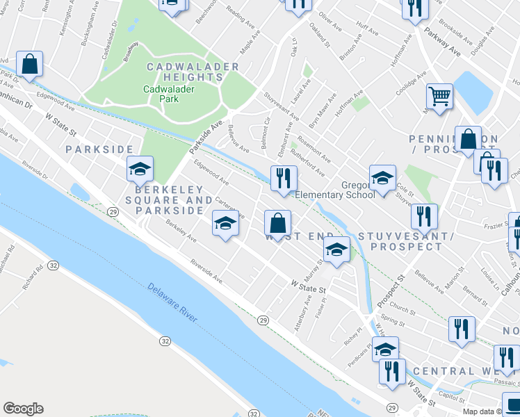 map of restaurants, bars, coffee shops, grocery stores, and more near 114 North Overbrook Avenue in Trenton