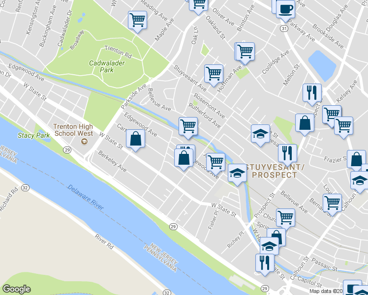 map of restaurants, bars, coffee shops, grocery stores, and more near 730 Edgewood Avenue in Trenton