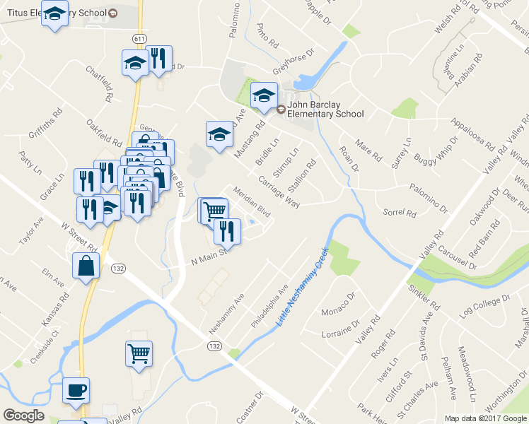 map of restaurants, bars, coffee shops, grocery stores, and more near 3212 Meridian Boulevard in Warrington