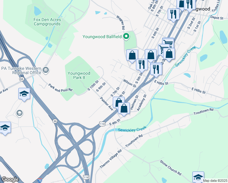 map of restaurants, bars, coffee shops, grocery stores, and more near 701 South 7th Street in Youngwood