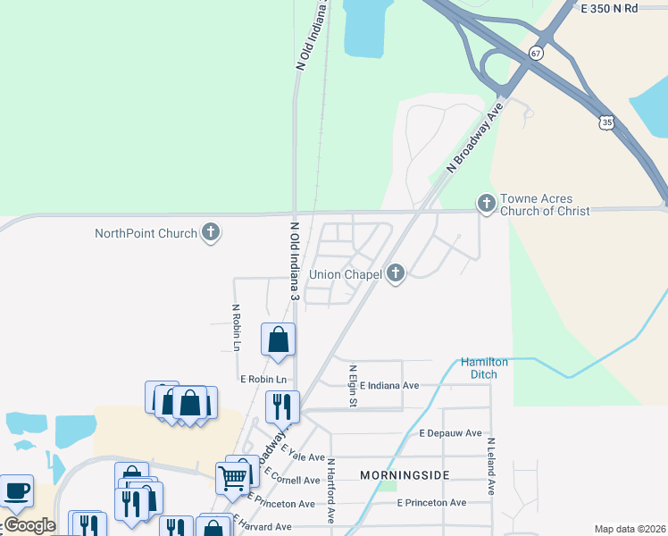 map of restaurants, bars, coffee shops, grocery stores, and more near 10 West Dogwood Drive in Muncie