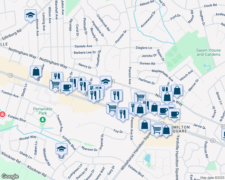 map of restaurants, bars, coffee shops, grocery stores, and more near 3333 Nottingham Way in Trenton