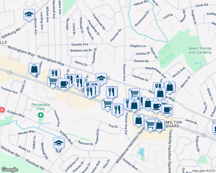 map of restaurants, bars, coffee shops, grocery stores, and more near 3333 Nottingham Way in Trenton