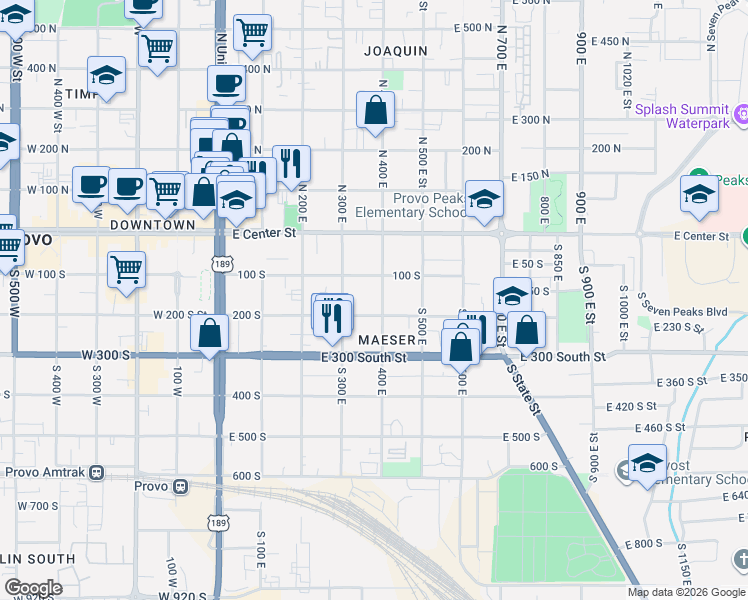 map of restaurants, bars, coffee shops, grocery stores, and more near 373 200 South in Provo
