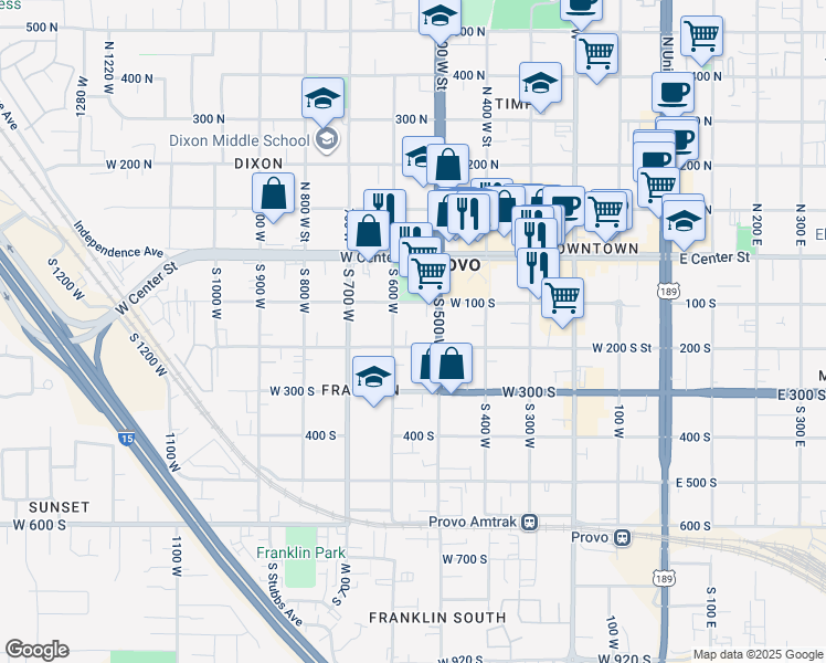 map of restaurants, bars, coffee shops, grocery stores, and more near 165 600 West in Provo